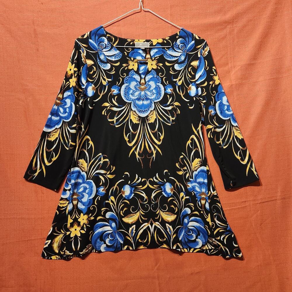 JM Collection Sz M Soft Boho Chic Flared Tunic 3/4 Sleeve Floral Blue & Yellow